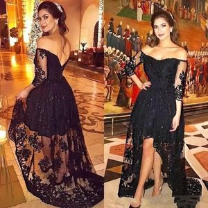 Short Black Prom Dresses Off Shoulder Lace Appliques Long Sleeves Beads High Low V Back Plus Size Evening Party Gowns