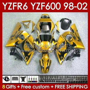 Zestaw Bodys dla Yamaha YZF R6 R 6 YZF600 600cc 98-02 Bodywork 145NO.45 YZF 600 CC YZF-600 YZFR6 98 99 00 01 02 Ramka YZF-R6 1998 1999 2000 2001 2002 Pełne płaszcze złote płomienia wrażliwe