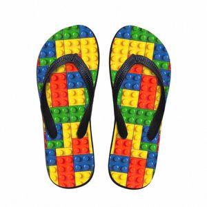 Anpassade kvinnor lägenheter hus slipper 3d tetris print sommar mode strand sandaler för tofflor kvinna damer flip flops gummi flipflops w8kx #