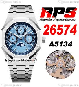 APSF Perpetual Calendar Moonphase A5134 Automatisk herrklocka 2657 41mm Tiff Blue Grande Tapisserie Dial Stick rostfritt st￥l Armband Super Edition Puretime E5