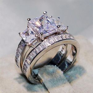 Storlek5 Par st Lovers Ring Luxury Jewelry Three Stone Princess Clear Zirconia Women Wedding Bridal Band Silver Ring SE187G