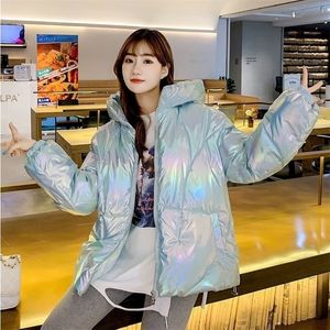 Women Winter Parkas Tie Dye Shiny Fabric Coats Hooded Thick Warm Jackets Parkas Zipper Padded Pocket Cold Outwear 201201