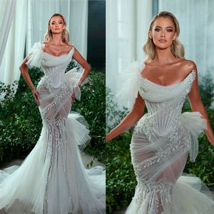 Sexy Mermaid Wedding Dress With Sleeveless Strapless Strpapless Lace Illusion Bodice Organza Applique Formal Occasion Custom Made Tulle Floor-length