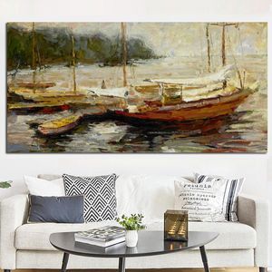 Modern Seaview Boat Landscape Poster Print Abstract Seascape Oil Painting on Canvas Wall Picture for Living Room Home Decorative