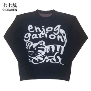 Mens Sticking Sweater Women Cartoon Cat Mönster överdimensionerad Knited Pullover Casual Streetwear Cotton Warm Sweaters New Autumn T220730