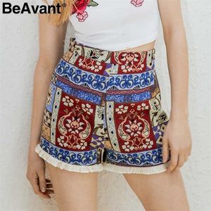 Shorts de verão étnico boêmio beavant feminino com tamel floral zíper chique shorts femininos altos cintura vintage folhas de fundo 210709