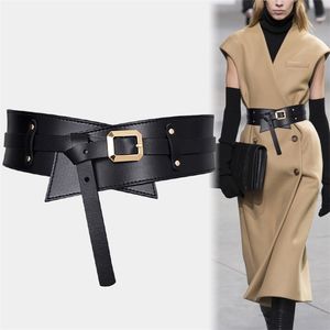 Knot Belts For Coat Khaki Super Wide Cummerbunds Dress Black Soft Pu Leather Waistbands Sexy Gold Pin Buckle Waist Seal Lady 220428