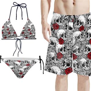 Paar Passenden Badeanzug Rose Schädel Design Sexy Frauen Halter Bikini Set Casual Lose Männer Shorts Plus Teen Mädchen Beachwear 220616