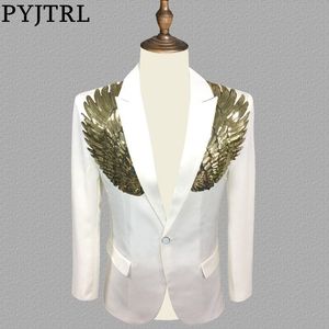 PYJTRL Blazer Men Stylish White Gold Wing Sequins Slim Fit Shiny Blazers Party Prom Stage DJ Singers Suit Jacket Costume 201104
