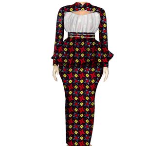 Bintarealwax African Skirt Sets for Women Bazin Hollow Design Ankara Clothes Dashiki Flowers Traditional African Clothing WY9833