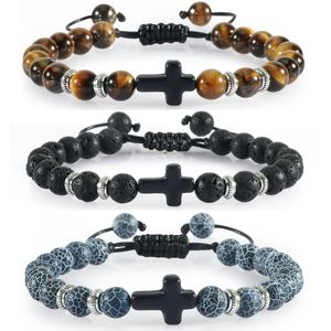 Beaded Strands Natural Tiger Eye Lava Stone Onyx Meditation Beads Bracelet For Women Men Hematite Cross Prayer Bracelets Yoga Jewelry GiftsB