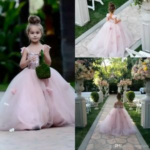 Lovely Girls Flowers Dresses Blush Pink Spaghetti Tiers Tulle with 3D Flora Appliques Princess Kids Pageant Party Gowns Custom BA1419
