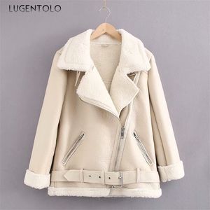 Lugentolo Leather Jacket Women Winter Lamb Wool Turndown Fur Collar Long Sleeve PU Moto Zipper Keep Warm Thick Coat T200811
