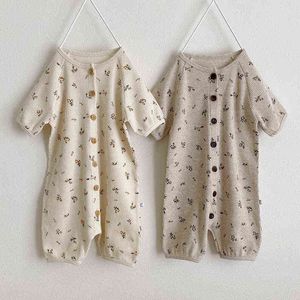 Baby Boys Girls Rompers Autumn Short Sleeve Button Spädbarn Jumpsuit Söt småbarn Solid färgkläder Bomullskläder G220510