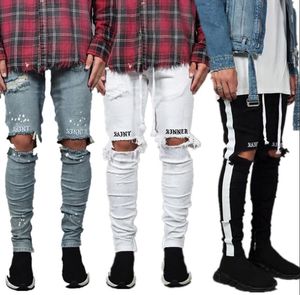 New Fashion Mens Jeans Cool Streetwear Black Holes Jeans a righe bianche Hip Hop Skateboard Pencil Pants