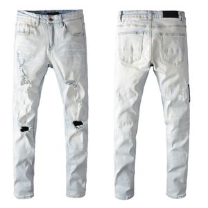 Mens Jeans Slim Distressed Denim White Designer Pants with Holes Letters Trival Tattered Knee Ripped For Man Skinny Straight Ben Size 28-40 Lång 2022 Söt hög kvalitet