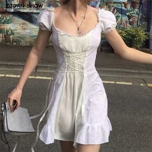 Retro Stitching Wood ears Lace Cross Lacing up Short Sleeve Short Dress Woman White French Mini Dresses Holiday 220513