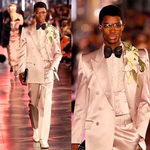 Satin Pink Wedding Tuxedos Slim Fit Mens Pants Suits Pile Men Prom Party Formal Outfit 2 Pieces