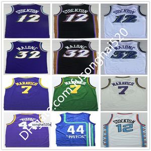 1996 Ucuz #7 Pete Maravich Jersey Mor 12 John Stockton Beyaz 32 Karl Malone Siyah Mavi 44 Tabanca Pete Maravich Retro Basketbol Formaları