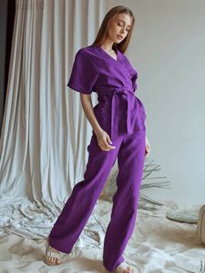 Hiloc Lila Baumwolle Nachtwäsche Frauen Pyjama Sets Frauen Outfits Hohe Taille Hosen Frauen Pyjama Kurzarm Weibliche Set 2022 L220803