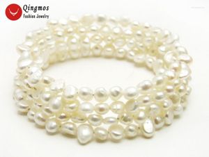 Beaded Strands Qingmos Natural Pearl Bracelets For Women With 4-5mm Baroque White Steel Wire Wrap Bracelet Fine Jewelry 28'' Bra449 Trum22