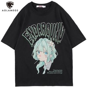 Aolamegs t-shirt homens cabelo verde menina dos desenhos animados anime impresso o-pescoço streetwear japonês harajuku moda tops roupas masculinas verão 220505