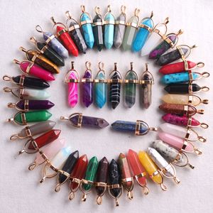 Natural Stone charms hexagonal prism Tiger's Eye Rose Quartz opal Pendants Chakras Gem Stone fit earrings necklace jewelry making