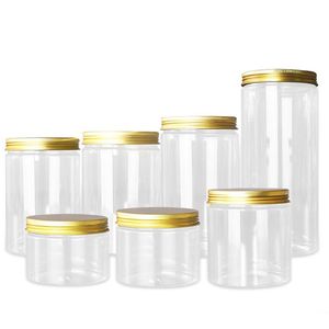 Scatole portaoggetti in plastica PET trasparente Barattolo sigillato rotondo per bottiglie per uso alimentare con coperchi in alluminio dorato