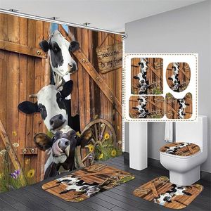 Funny Cow Rustic Wagon Wheel Fabric Shower Curtain Country Flower Farm Cute Animal Wooden Farmhouse Bathroom Decor Bath Rugs Mat 220429