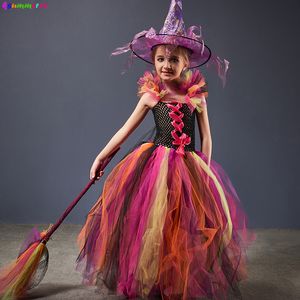 Speciella tillfällen Evil Witch Halloween kostym för flickor färg magisk klänning tutu klänning med hatt och kvast barn cosplay carnival party fancy klänningar 220826