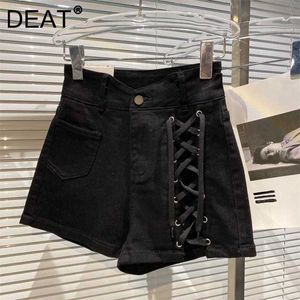 DEAT Women Bandage Personlighet Streetwear Denim Shorts High midje temperament Fashion Spring Summer 11D1237 210709