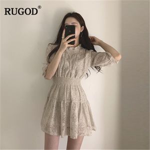 Rugod Elegancka słodka koronkowa sukienka Kobiet Modna impreza Kolekcja Zebrana talia sukienka Korean Style oneck Halfsleeve Kawaii Mini Dress T200416