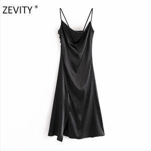 Zevity女性エレガントなソリッドカラーボタン装飾スプリングスリングドレス