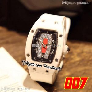 2022 07-01 Miyota Automatik-Damenuhr für Damen, weißes Keramikgehäuse, schwarzes Innenskelett, rote Diamanten, Zifferblatt, Kautschukarmband, Super Edition Puretime01 E72C1