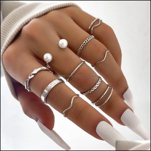 10 sztuk zestaw Trendy Osobowość Twist Wave Knuckle Ring Set Kobiety Moda Sier Color Pearl Alloy Wedding Engagement Finger Pierścienie Drop Delivery