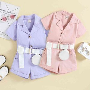 Mode baby flickor sommarkläder set kort ärm blazer krage fast färg toppar shorts midjepåse set flickor boutique kostymer g220509