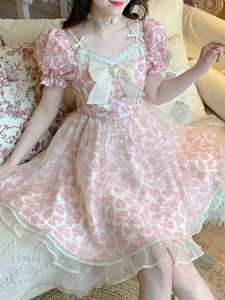 Koronkowa Lolita Drukuj Dress Kobiety Francuski Y2K Patchwork Sweet Party Mini Sukienki Kobiet Różowy łuk Lato Kwiatowy Kawaii Dress 2022 Nowy G220414