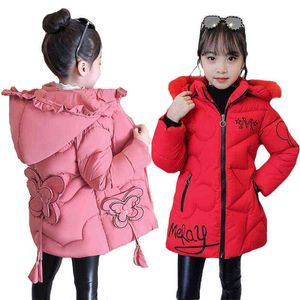 Duży rozmiar gruby ciepły zimowy nastolatek kurtka ciężka długa kurtka wiatraka z kapturem dla dziewczynki prezent świąteczny J220718