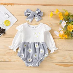 Girls Rompers Born Baby Full Sleeve Patchwork Flower Ruched Outfits Jumpsuits Infant Kids Casual Romper Headbands Bow 0 18MRompers