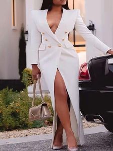 Günlük Elbiseler Elbise Kadınlar Için Suits Uzun Blazer Beyaz Kollu Düğmeler Wrap Maxi Ceket Kaban Zarif Moda Bayanlar Büyük Boy Parti
