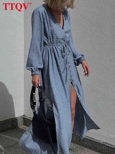 TTQV Sexy V-Neck Blue Midi Dress Ladies Bodycon Fashion Long Sleeve Slit Dress Elegant Single-Breasted Dresses For Women 2022 T220804