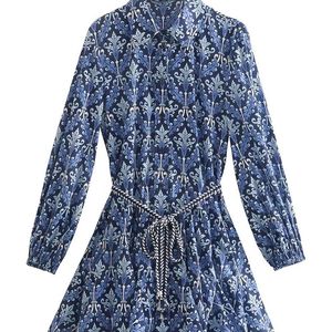 Traf Women Fashion with Belt Printed Ruffled Mini Dress Vintage Long Sleeve Buttonup Female Dresses Vestidos Mujer 220812