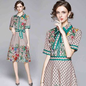 Summer Runway Vintage Print Collar Bow Tie Neck Short Sleeve Button Front Women Ladies Casual Party Beach Stylish A-Line Midi Dress