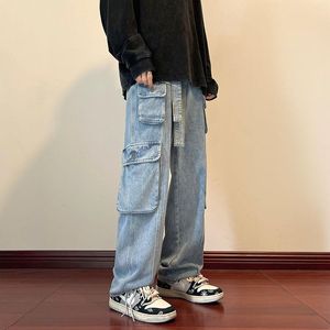 Męskie dżinsy męskie fioletowe multi-pockets cargo dżinsowe spodnie proste workowate streetwear hip hop neutralne spodnie dżinsowe 5 kolorów