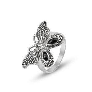 Fashion Cluster Pierścienie dla kobiet 925 Sterling Srebrny wielokolorowy palec z motylem chalcedony z markaziem