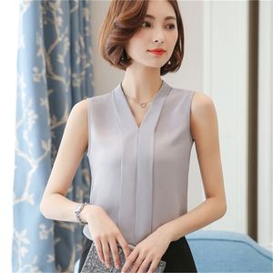 N1907 Summer J41938 One Size Chiffon Shirt V Neck Solid Color Sleevless Office Lady Work Casual Shirts T200322