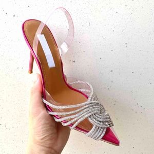 Kvinnors designer Rhinestone Crystal Embellished PVC Sandals 100mm High Heel Luxurys kl￤nning Ankle Cross Strap Fashion High Heel Sandals med Box 361