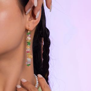 Dangle & Chandelier Fashion Colored Natural Stone Bead String Drop Earring For Women Simple Long Fringed Statement Earring Summer Jewelry Gift