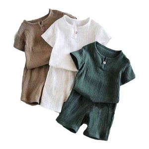 1-8 år Baby Boy Girls Clothing Set 2022 Summer Toddler Cotton T-Shirt+Shorts Linen Retro Barn Outfits Children's Clothes Suits G220509