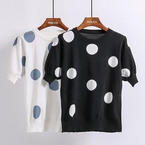 Damen T-Shirt U Schwarz Weiß Polka Dot Strick Kurzarm T-Shirt Tops T-Shirt O-Ausschnitt Sommer Casual B0473Women's